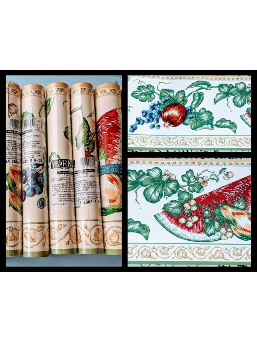 7 Roll Lot Vintage York Wallpaper Border Fruit Watermelon Kitchen Decor NOS